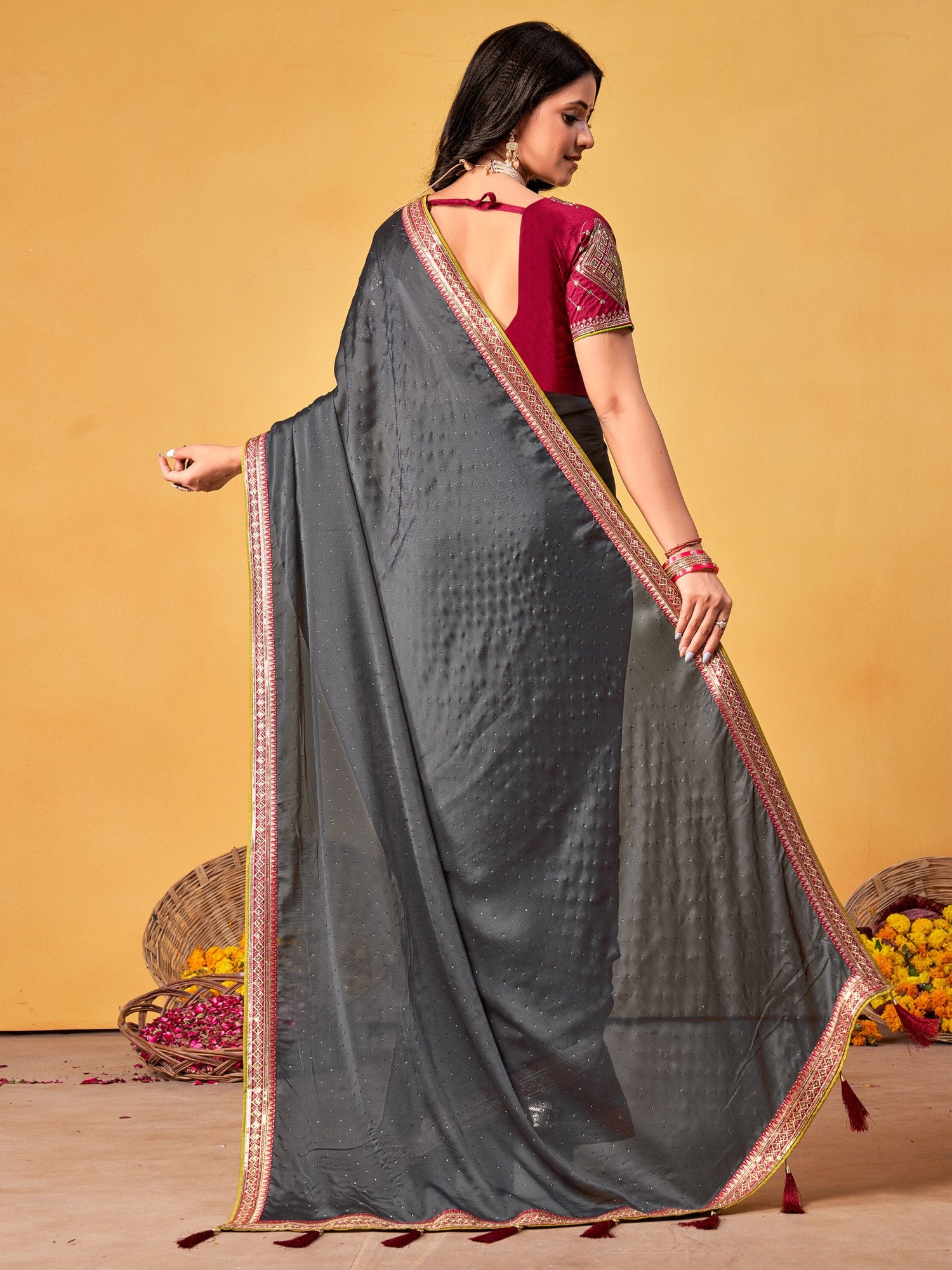Grey Party Wear Georgette Embroidered Saree