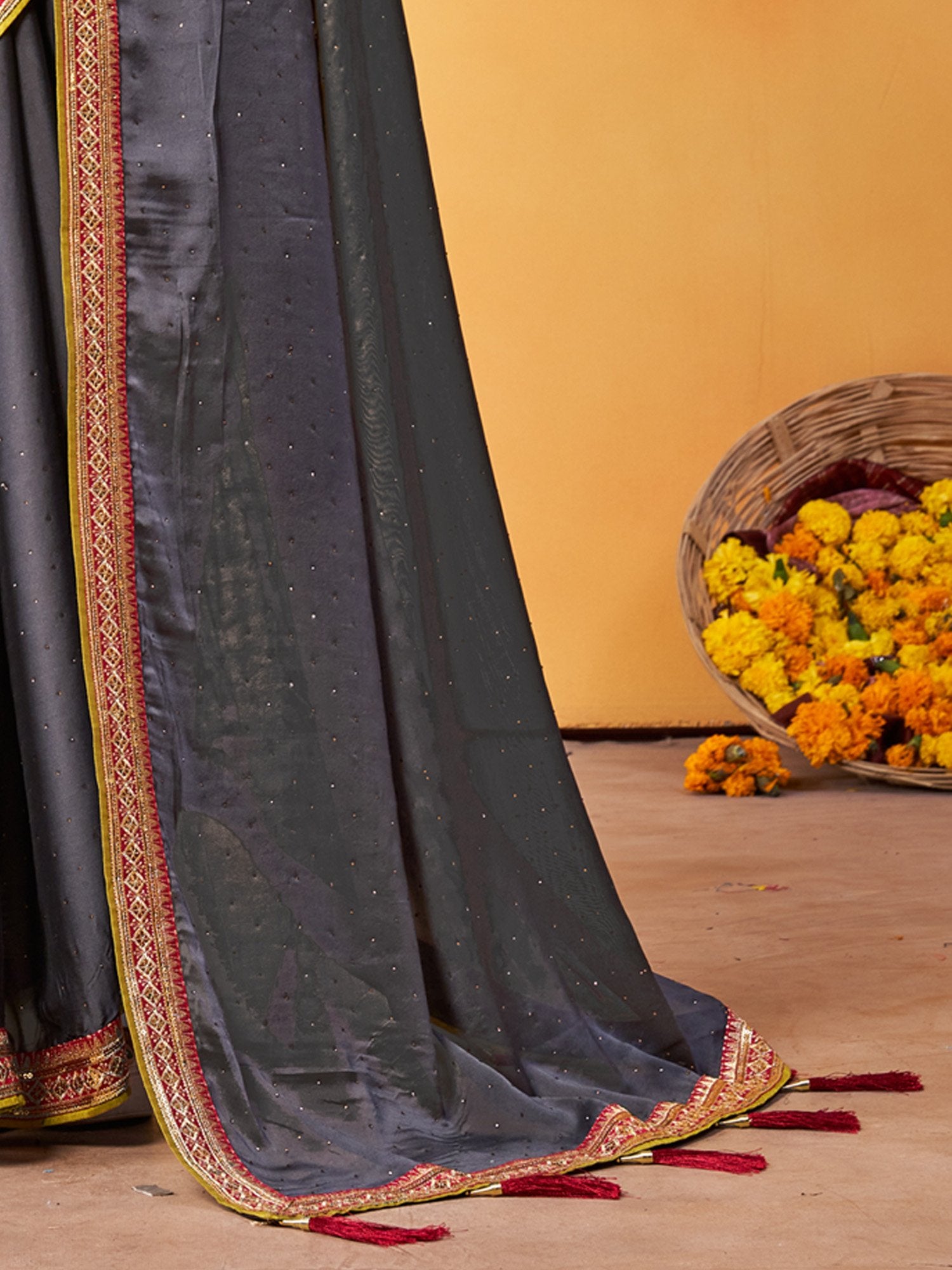 Grey Party Wear Georgette Embroidered Saree