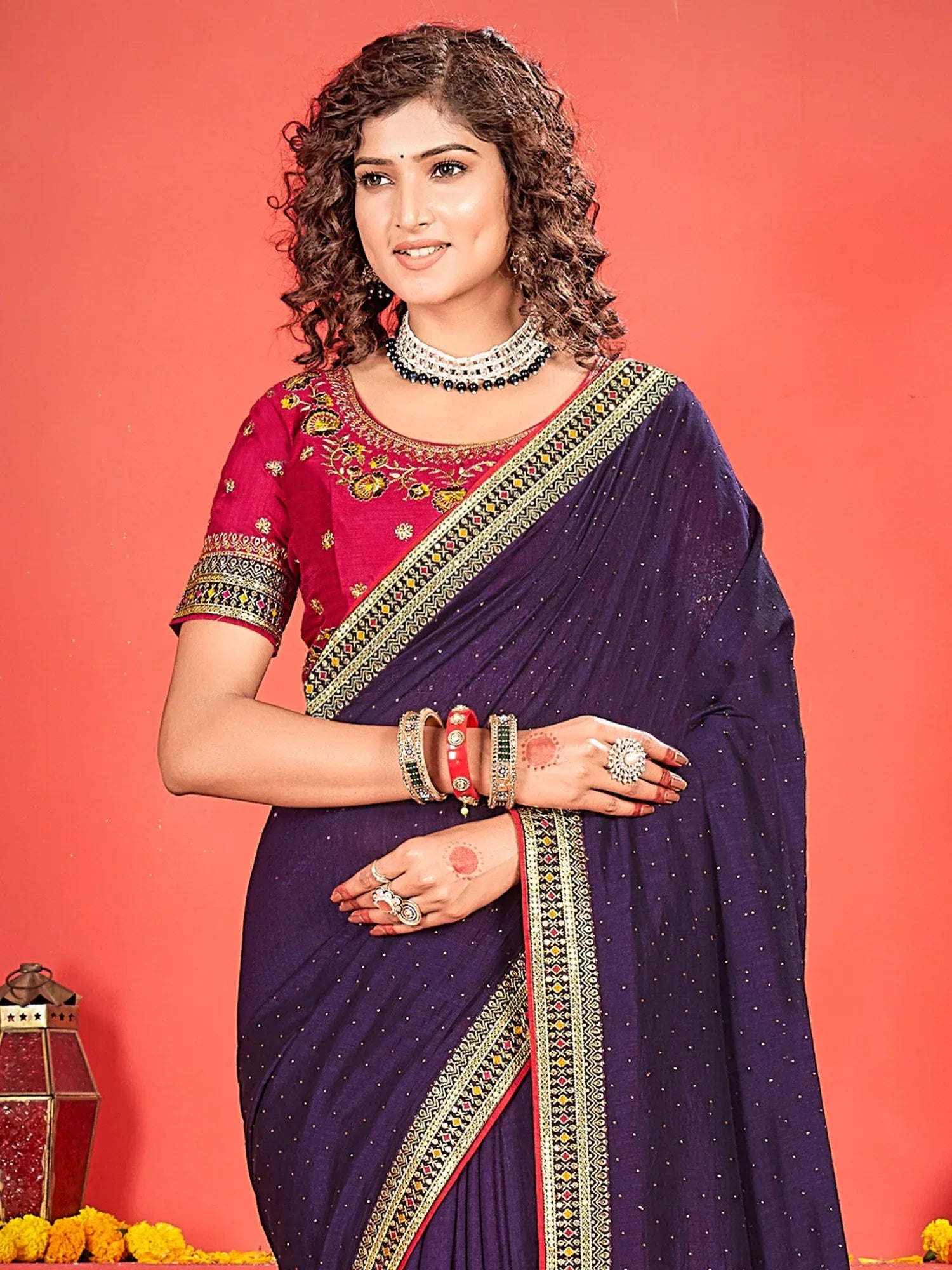 Purple Party Wear Vichitra Silk Embroidered Saree