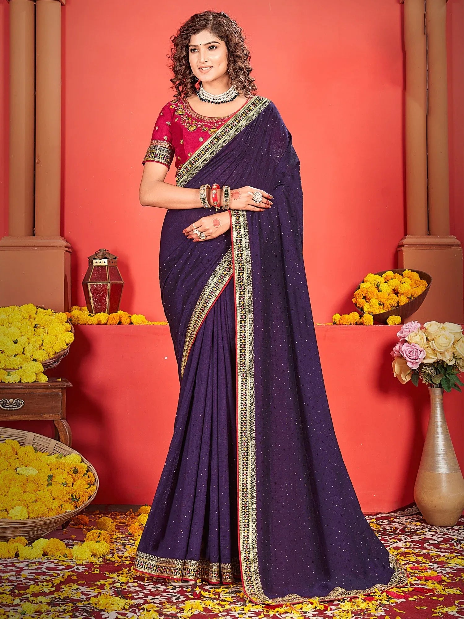 Purple Purple Party Wear Vichitra Silk Embroidered Saree