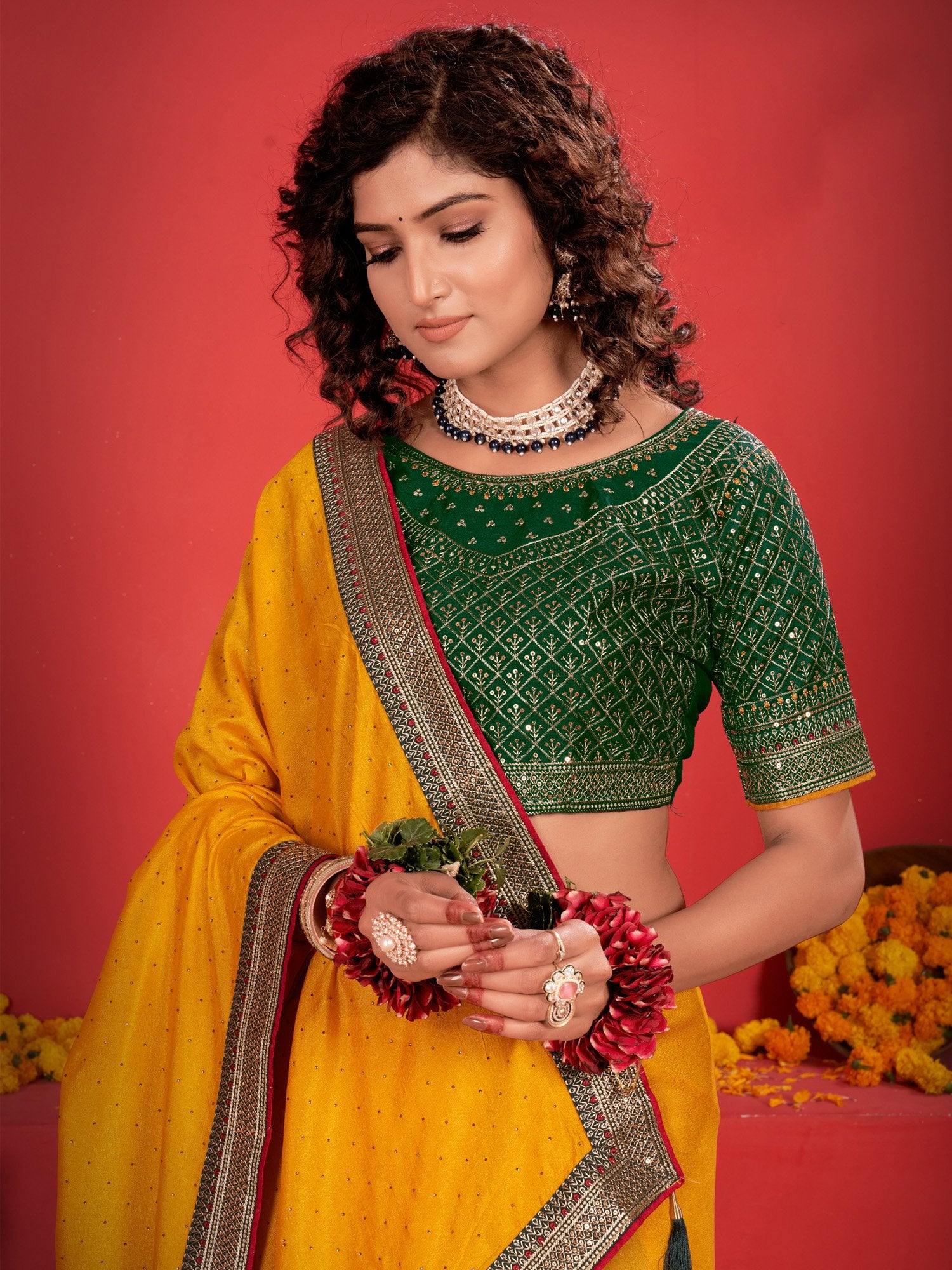 Yellow Party Wear Vichitra Silk Embroidered Saree