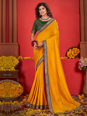 Yellow Party Wear Vichitra Silk Embroidered Saree