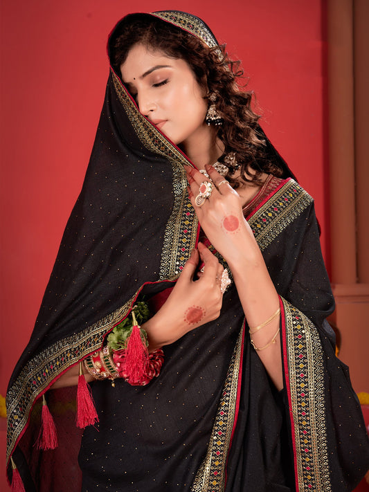 Black Black Party Wear Vichitra Silk Embroidered Saree