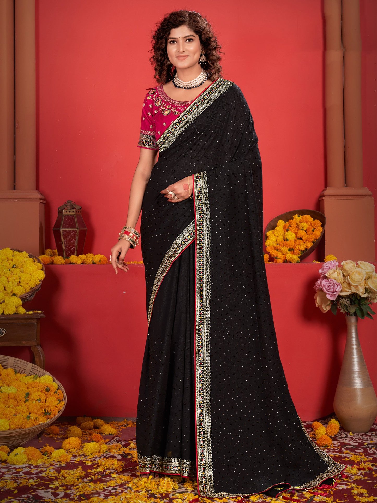 Black Party Wear Vichitra Silk Embroidered Saree