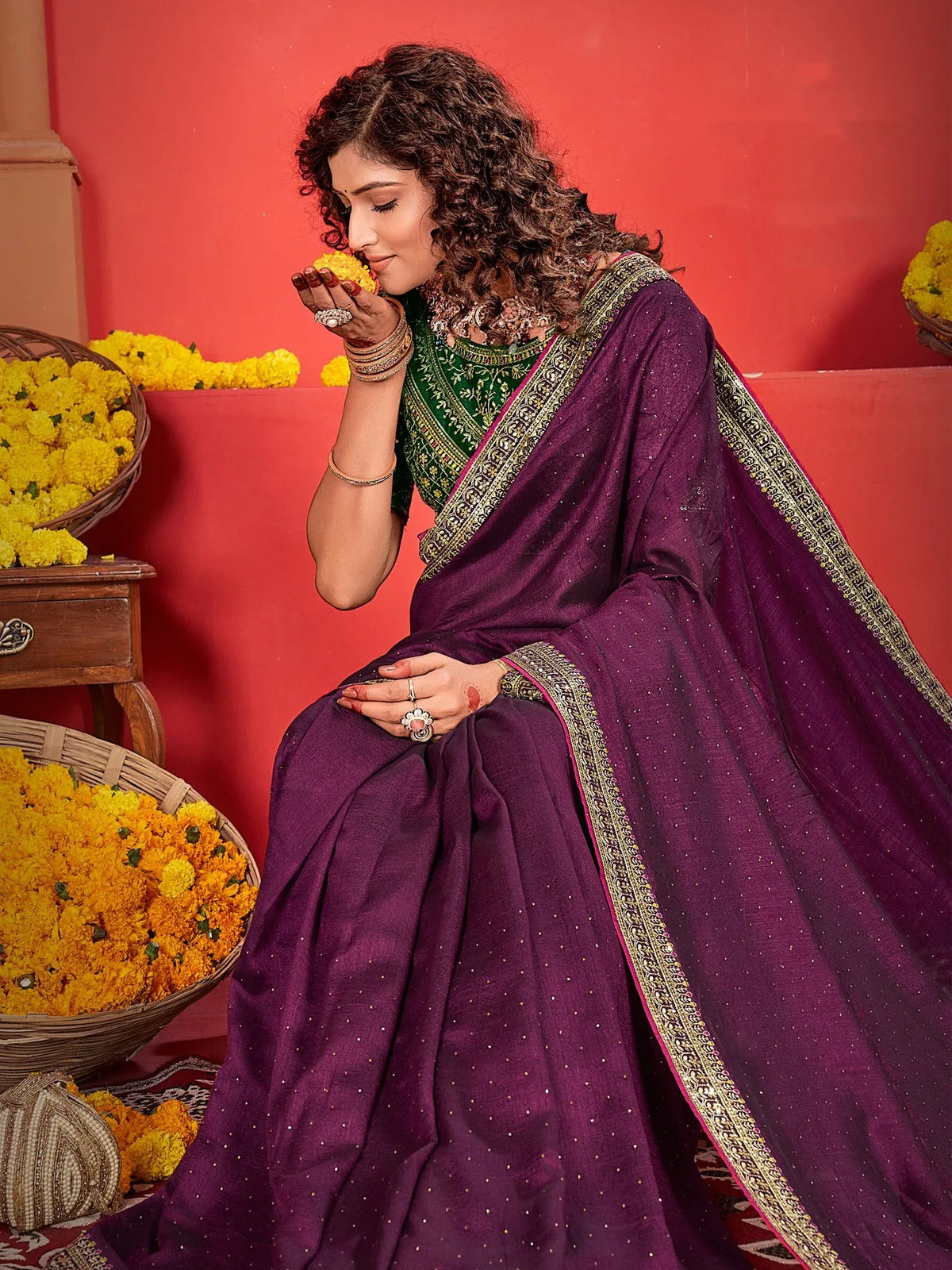 Purple Purple Party Wear Vichitra Silk Embroidered Saree