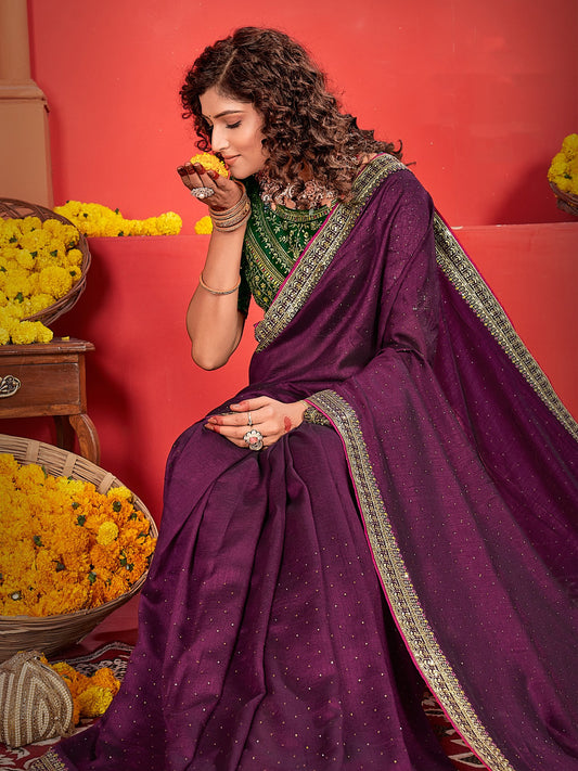 Purple Purple Party Wear Vichitra Silk Embroidered Saree