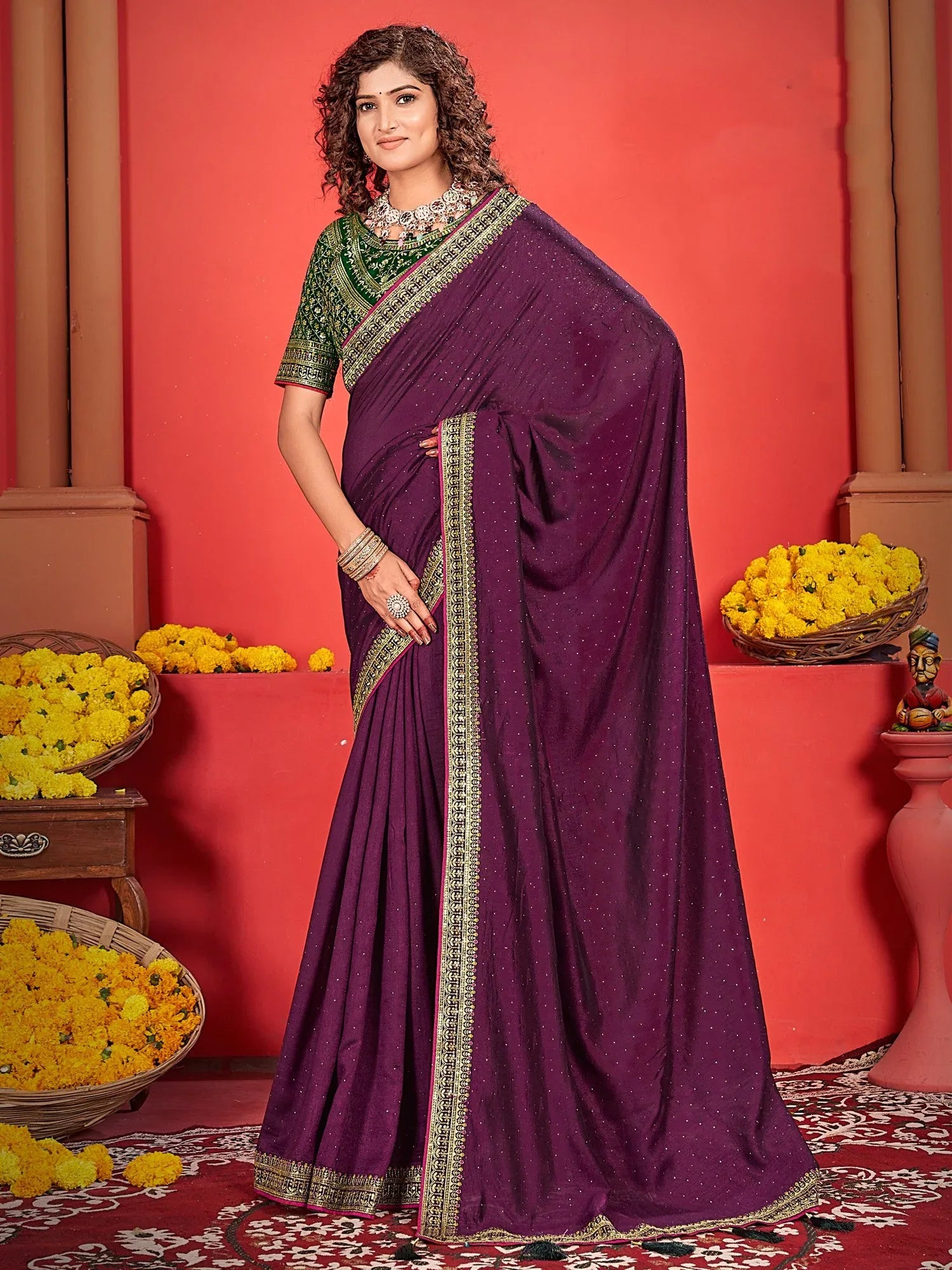 Purple Party Wear Vichitra Silk Embroidered Saree