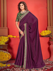 Purple Party Wear Vichitra Silk Embroidered Saree