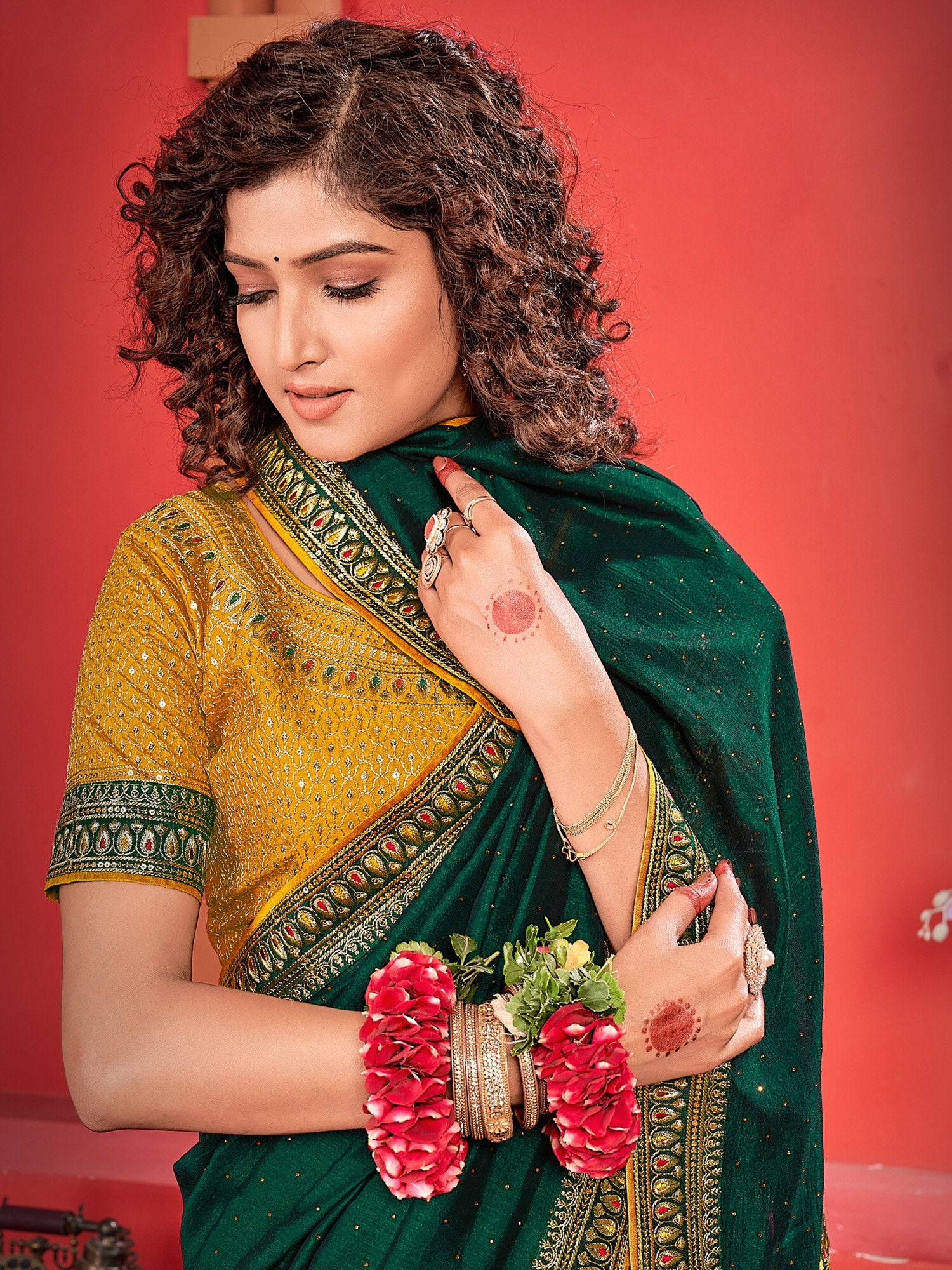 Green Green Party Wear Vichitra Silk Embroidered Saree