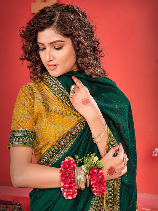 Green Green Party Wear Vichitra Silk Embroidered Saree