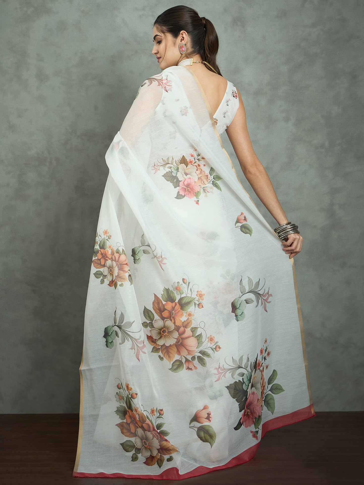 White Block Print Cotton Blend Printed Saree