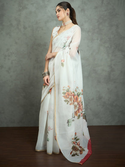 White Block Print Cotton Blend Printed Saree