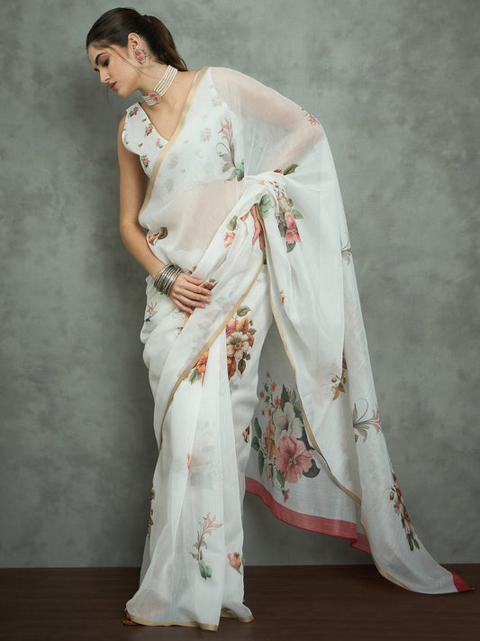 White White Block Print Cotton Blend Printed Saree