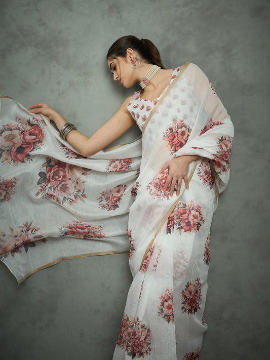 White White Block Print Cotton Blend Printed Saree