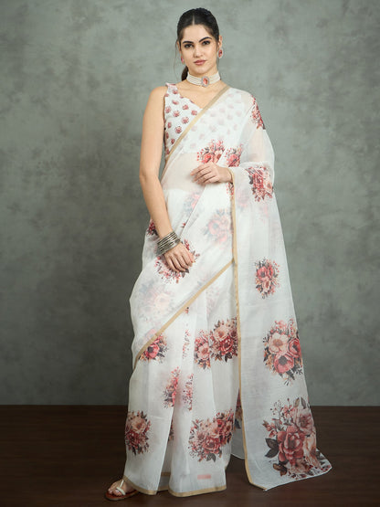 White Block Print Cotton Blend Printed Saree
