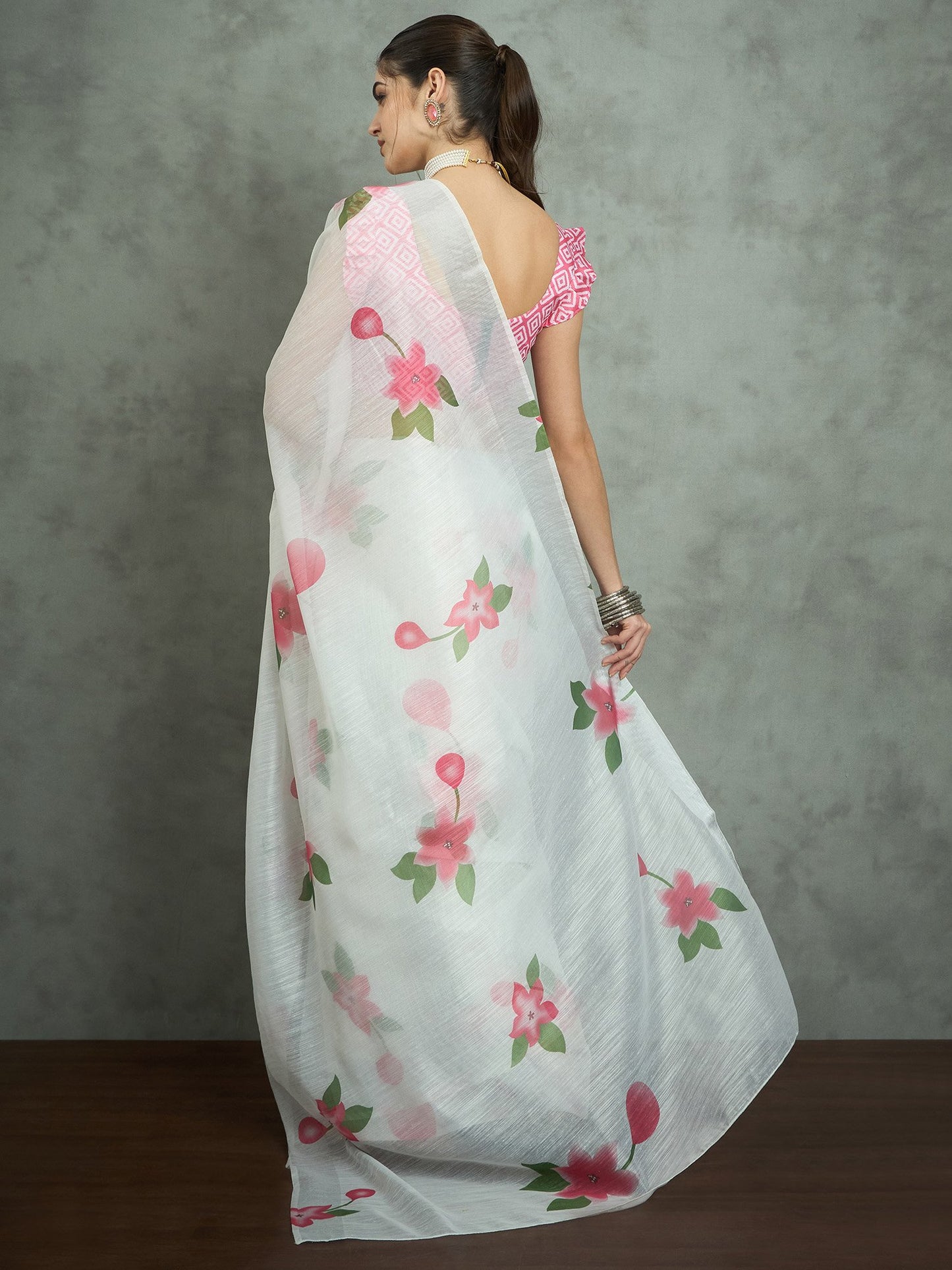White Block Print Cotton Blend Printed Saree