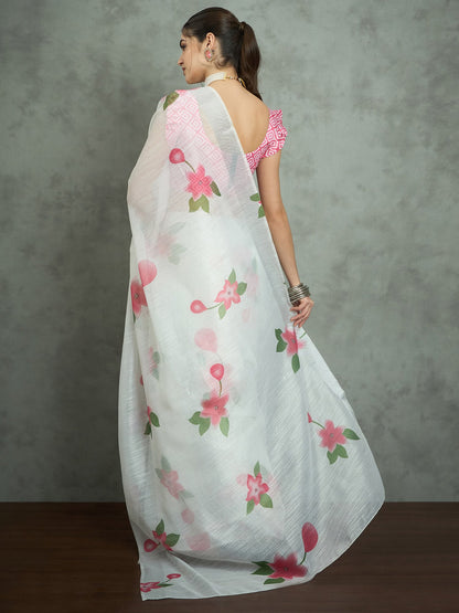 White Block Print Cotton Blend Printed Saree
