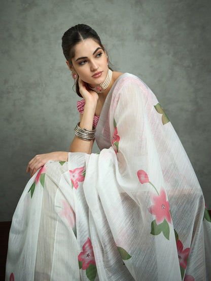 White Block Print Cotton Blend Printed Saree