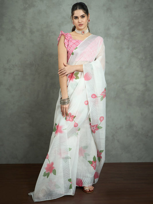 White White Block Print Cotton Blend Printed Saree
