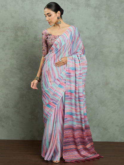 Pink Mauve Party Wear Georgette Digital Print Saree