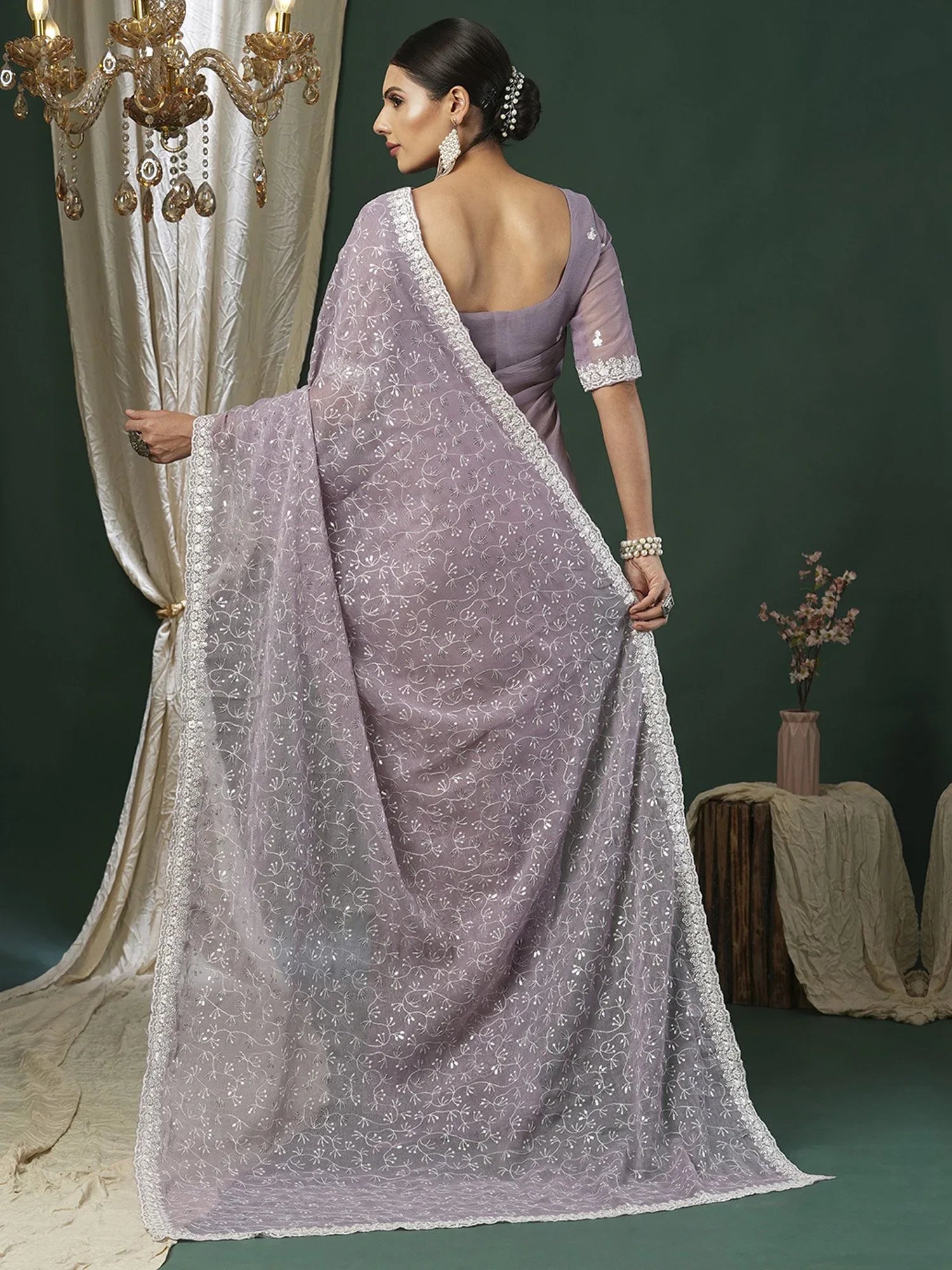 Lavendar Party Wear Georgette Embellished Saree