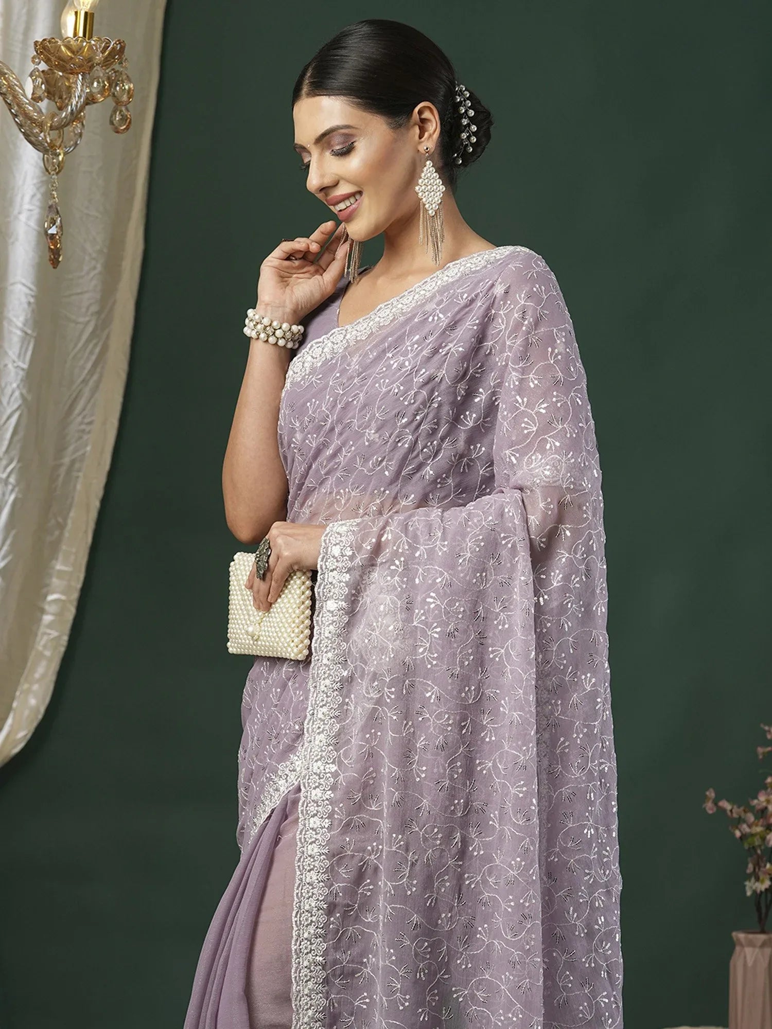 Lavendar Party Wear Georgette Embellished Saree