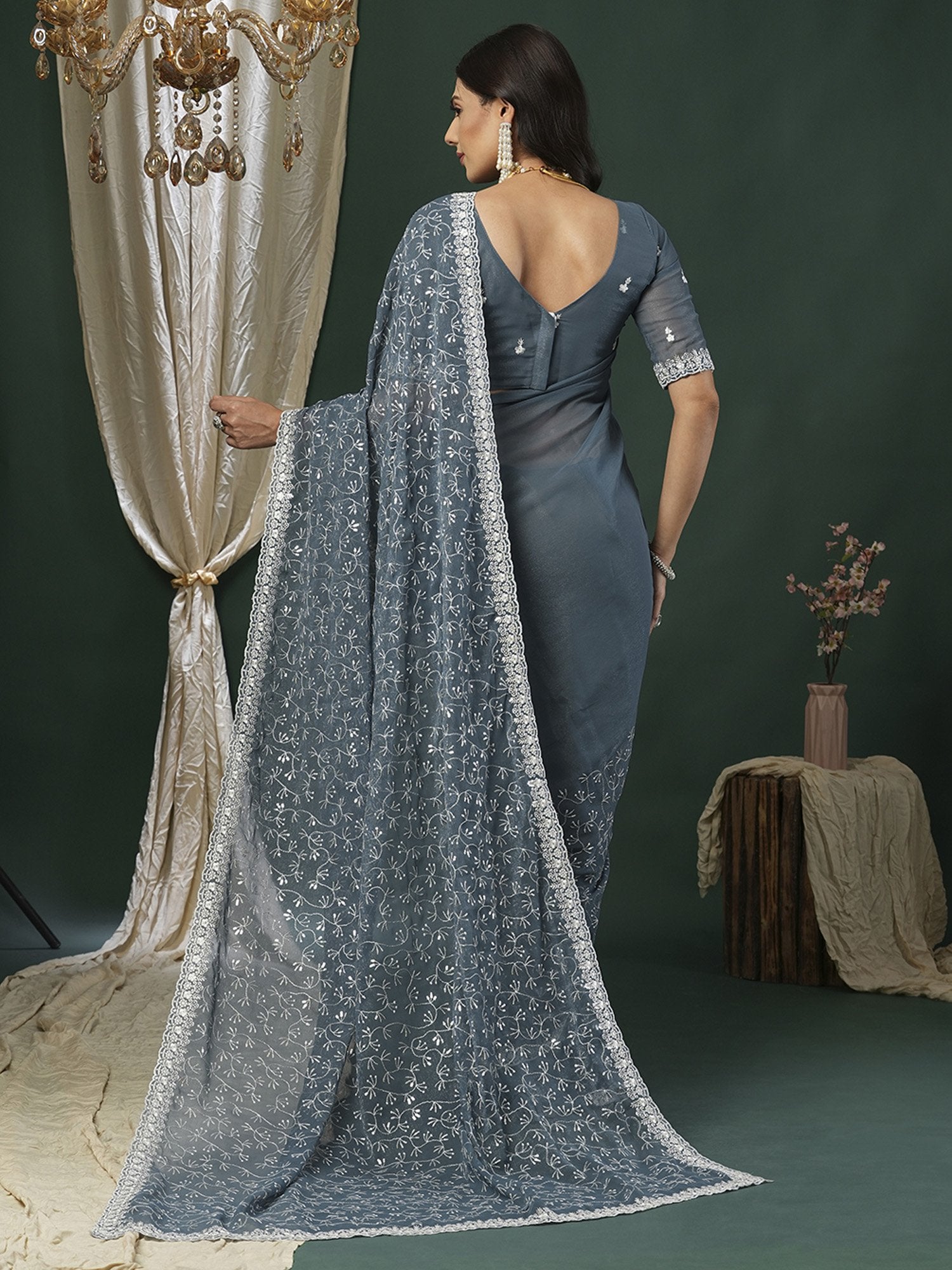 Grey Party Wear Georgette Embellished Saree