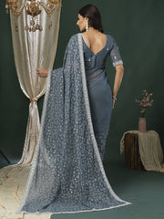 Grey Party Wear Georgette Embellished Saree