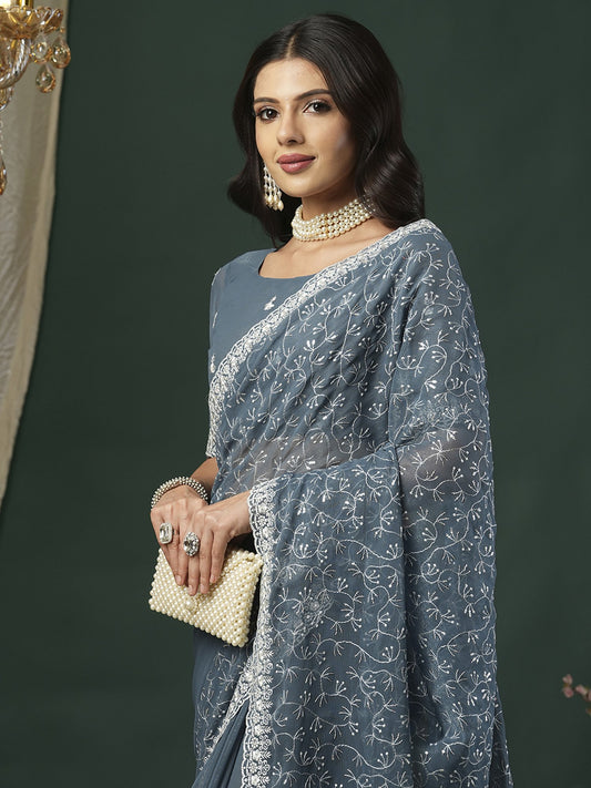 Grey Grey Party Wear Georgette Embellished Saree