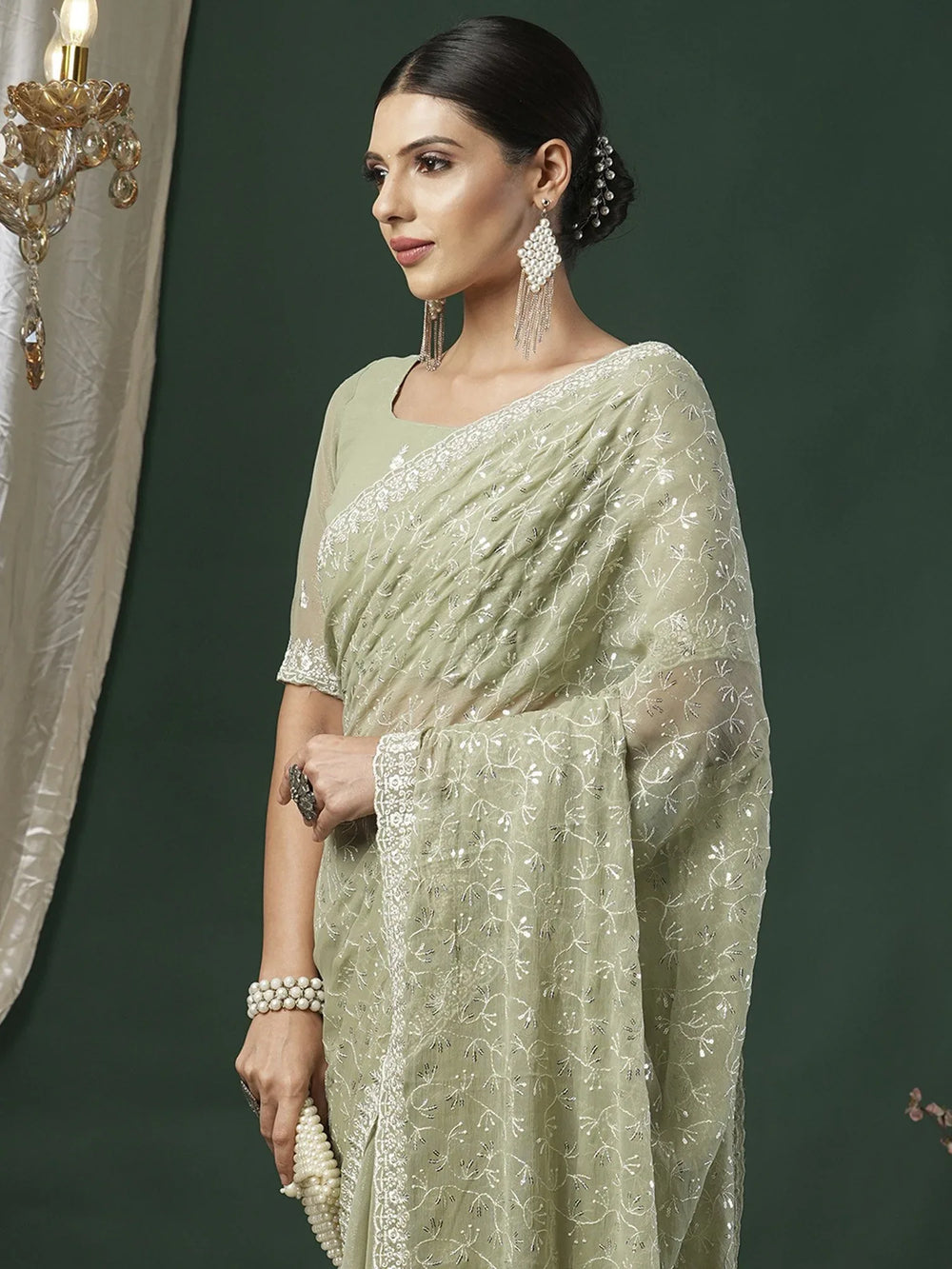 Light Party Wear Georgette Embellished Saree - The Dori Store