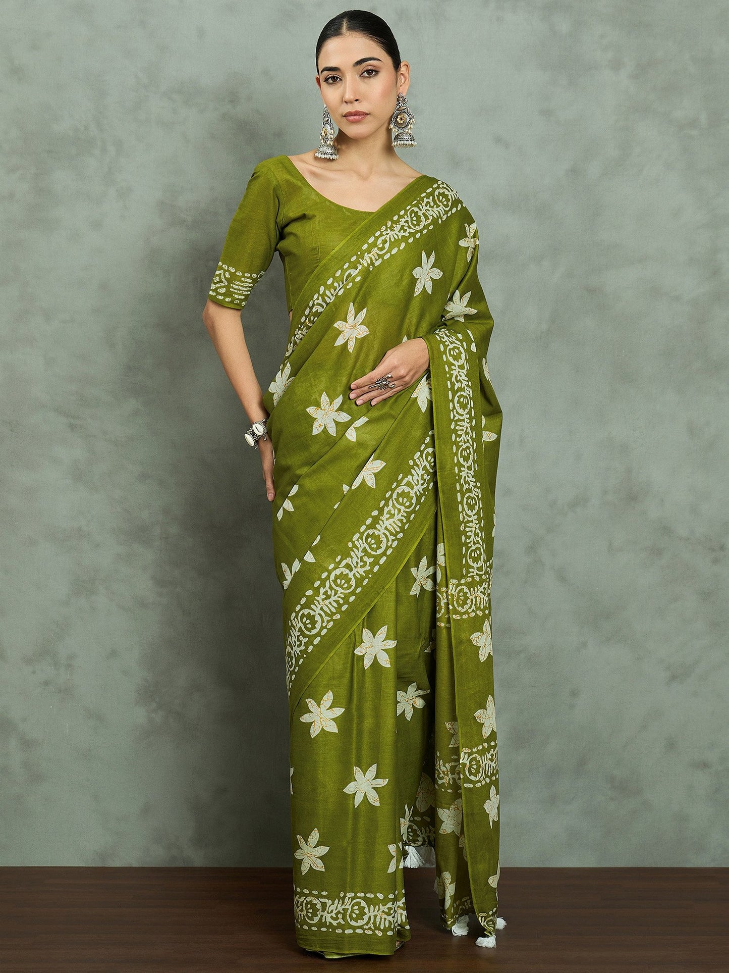 Green Olive Bagh Cotton Printed Saree