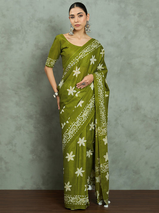 Green Olive Bagh Cotton Printed Saree