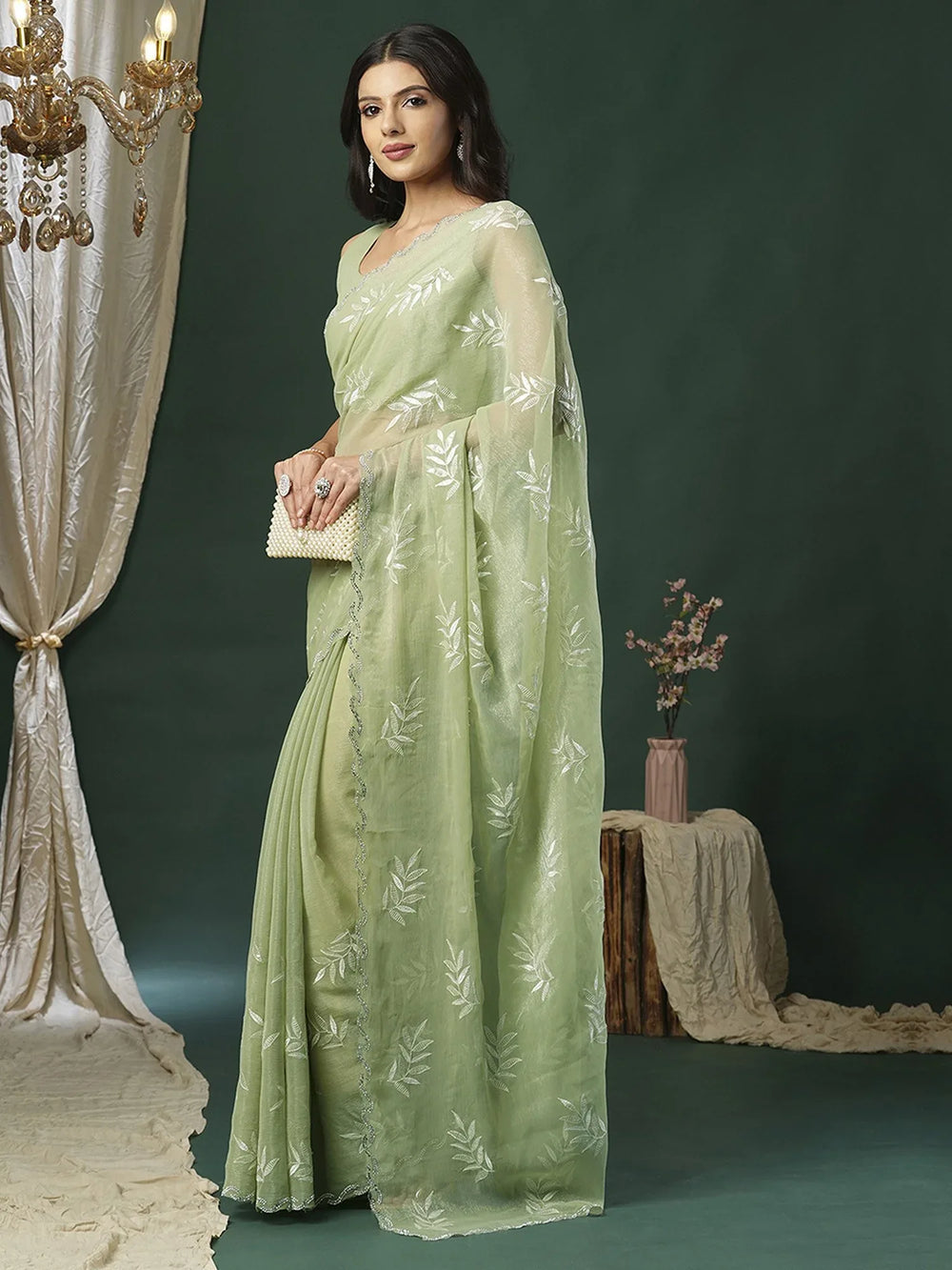 Green Light Party Wear Organza Embellished Saree