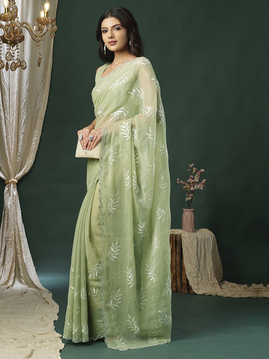 Green Light Party Wear Organza Embellished Saree