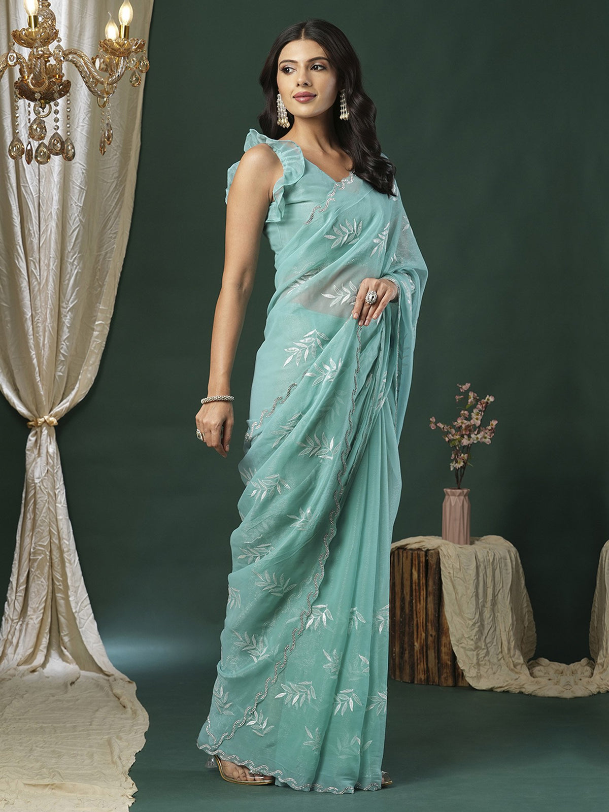 Blue Light Party Wear Organza Embellished Saree