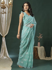 Blue Light Party Wear Organza Embellished Saree