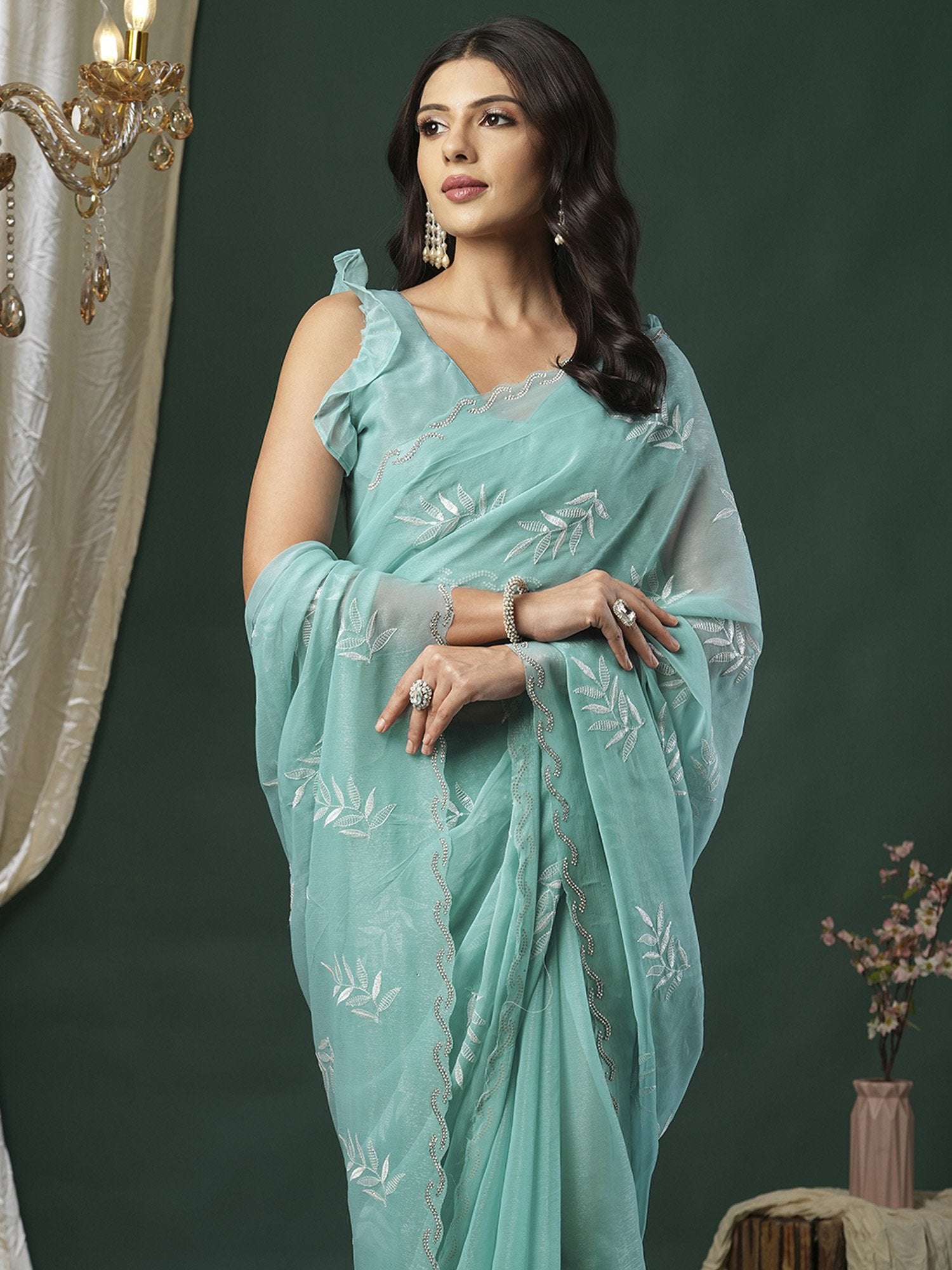 Light Party Wear Organza Embellished Saree