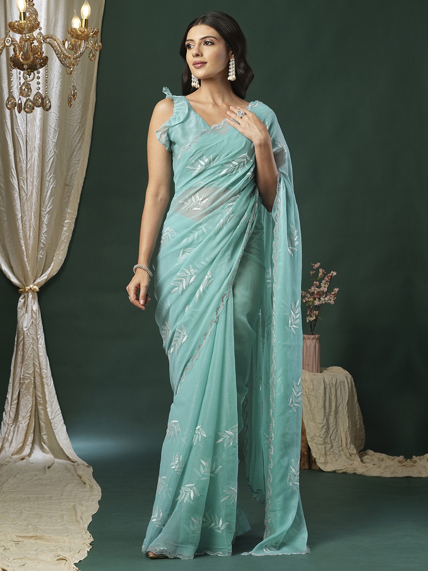 Light Party Wear Organza Embellished Saree