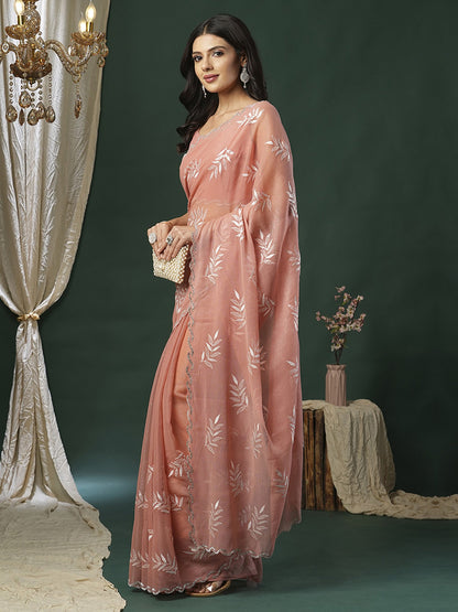 Peach Party Wear Organza Embellished Saree