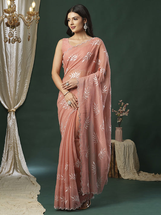 Pink Peach Party Wear Organza Embellished Saree