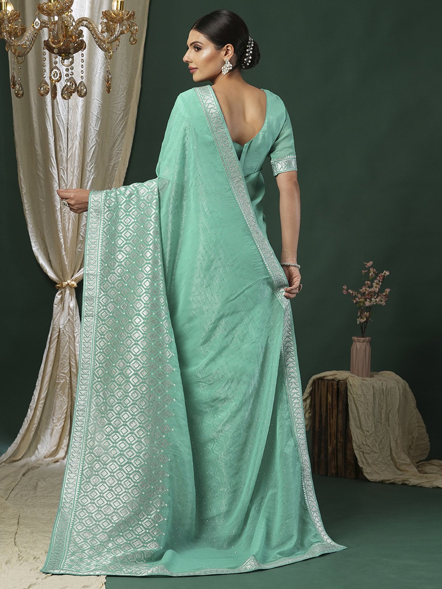 Turquoise Party Wear Malai Silk Embroidered Saree