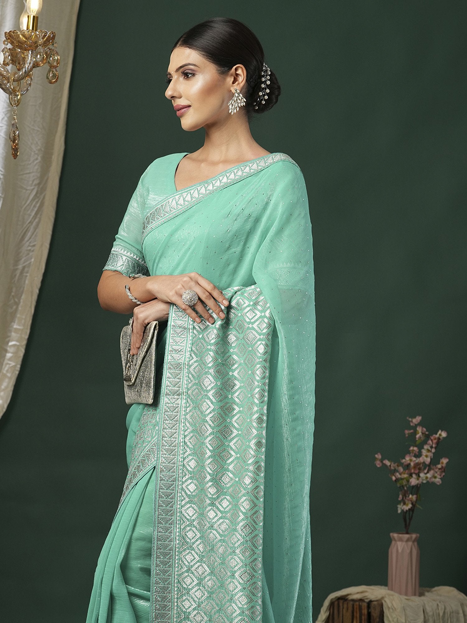 Blue Turquoise Party Wear Malai Silk Embroidered Saree