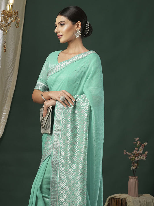Blue Turquoise Party Wear Malai Silk Embroidered Saree