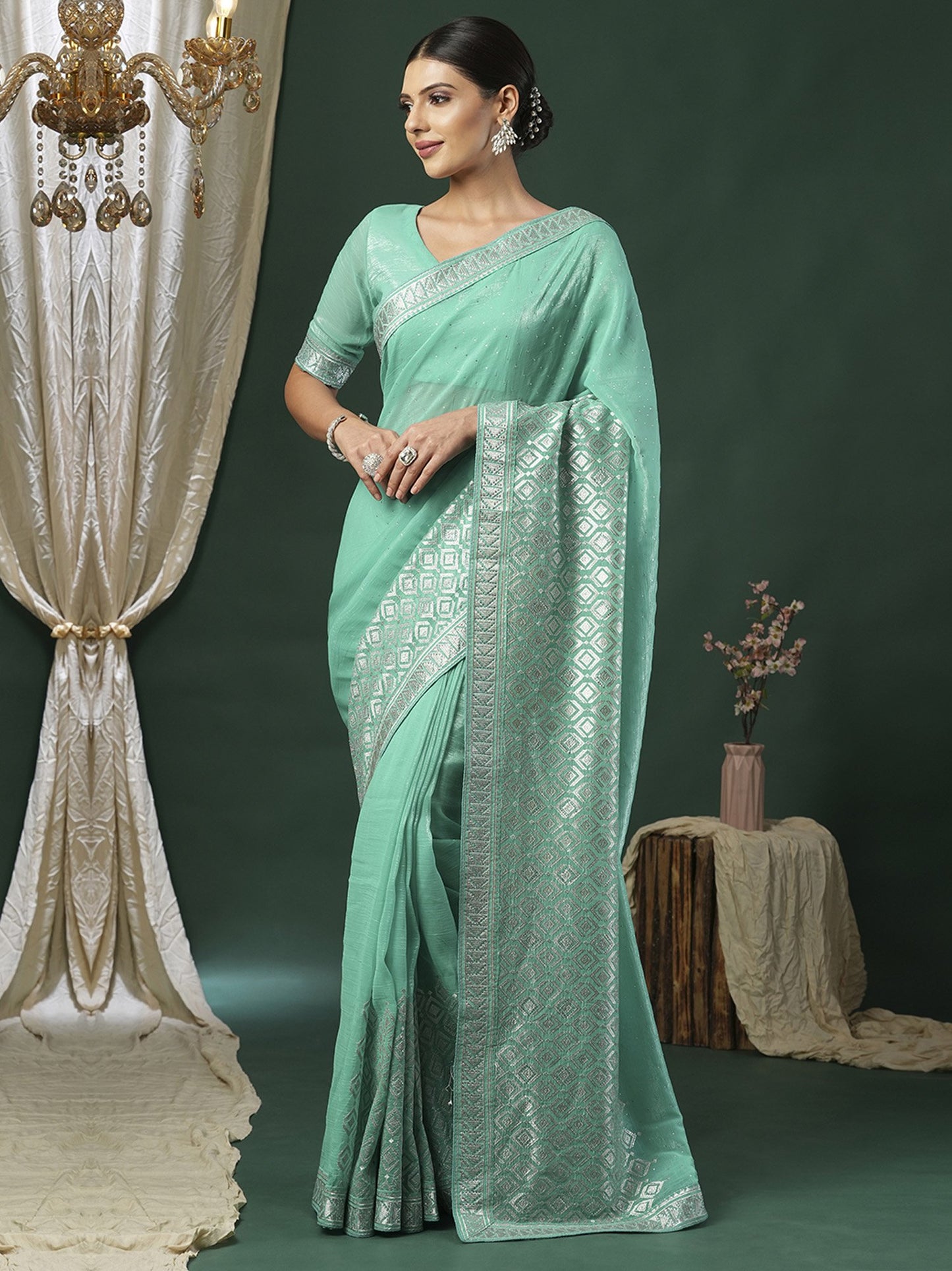 Turquoise Party Wear Malai Silk Embroidered Saree