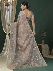 Beige Party Wear Paper Silk Embroidered Saree