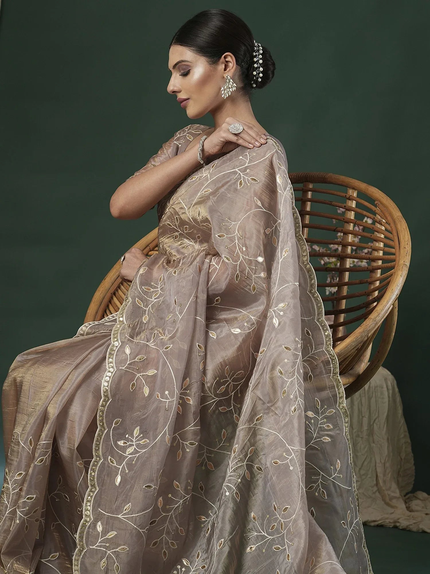 Beige Party Wear Paper Silk Embroidered Saree