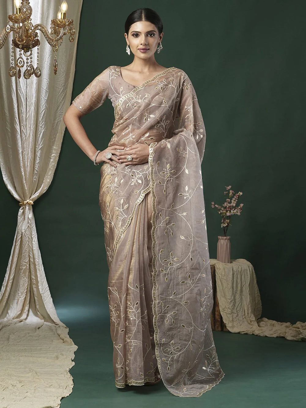 Brown Beige Party Wear Paper Silk Embroidered Saree