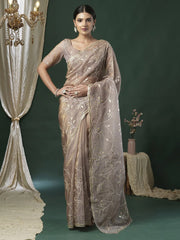 Brown Beige Party Wear Paper Silk Embroidered Saree