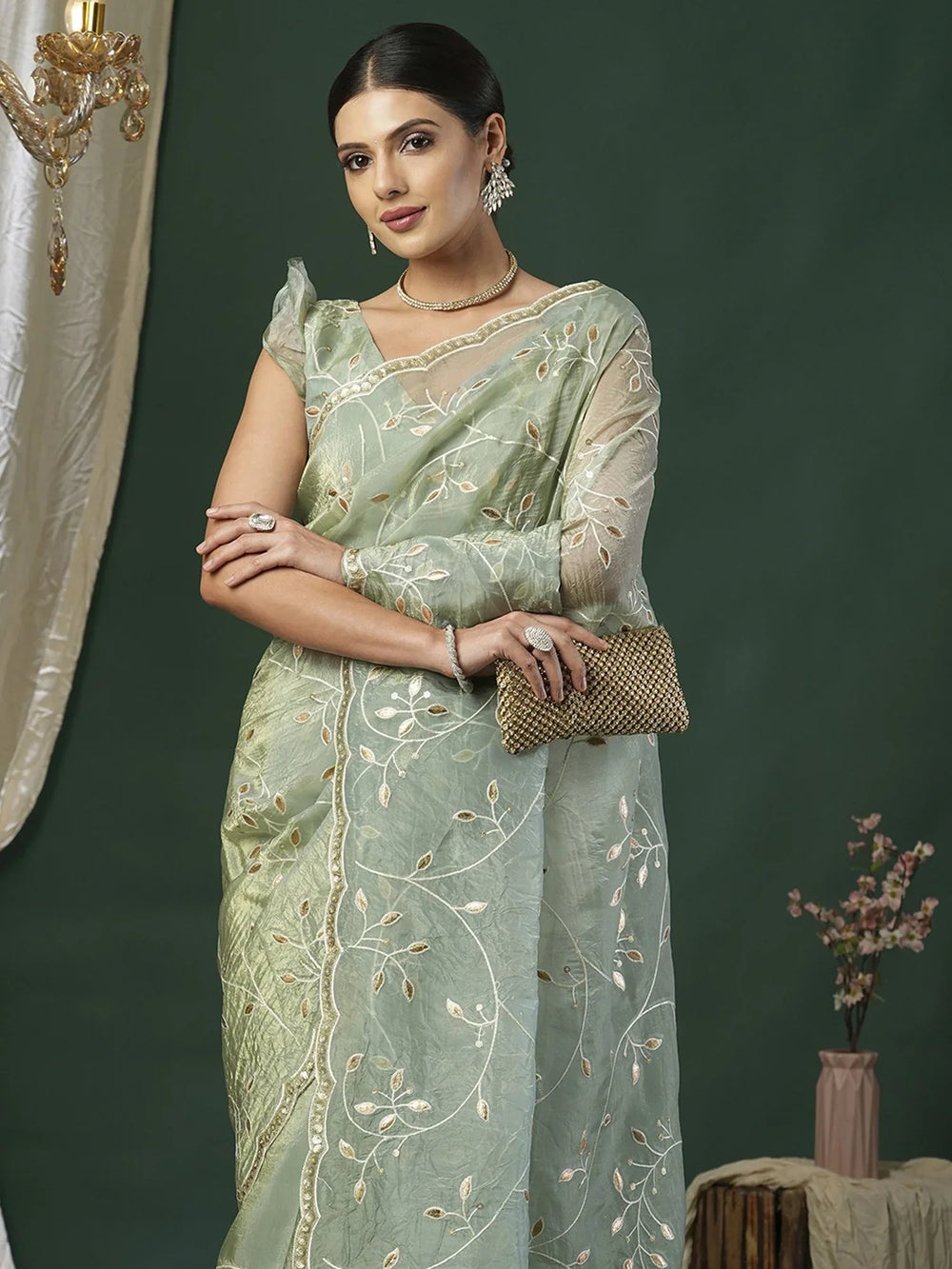 Green Light Party Wear Paper Silk Embroidered Saree