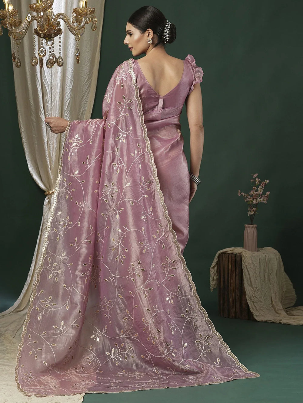 Mauve Party Wear Paper Silk Embroidered Saree - The Dori Store